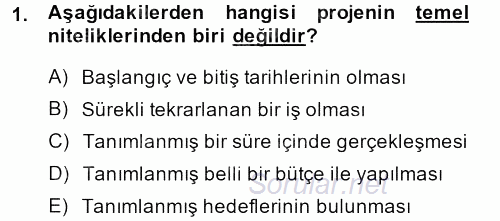 Proje Yönetimi 2013 - 2014 Tek Ders Sınavı 1.Soru