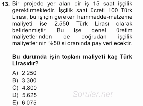 Proje Yönetimi 2013 - 2014 Tek Ders Sınavı 13.Soru