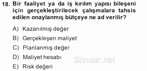 Proje Yönetimi 2013 - 2014 Tek Ders Sınavı 18.Soru