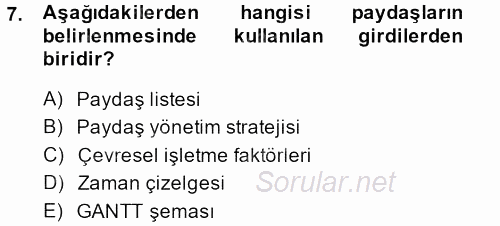 Proje Yönetimi 2013 - 2014 Tek Ders Sınavı 7.Soru