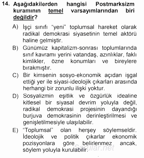 Çağdaş Sosyoloji Kuramları 2012 - 2013 Dönem Sonu Sınavı 14.Soru