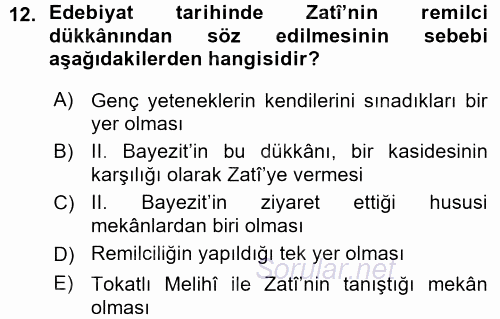 XVI. Yüzyıl Türk Edebiyatı 2015 - 2016 Ara Sınavı 12.Soru