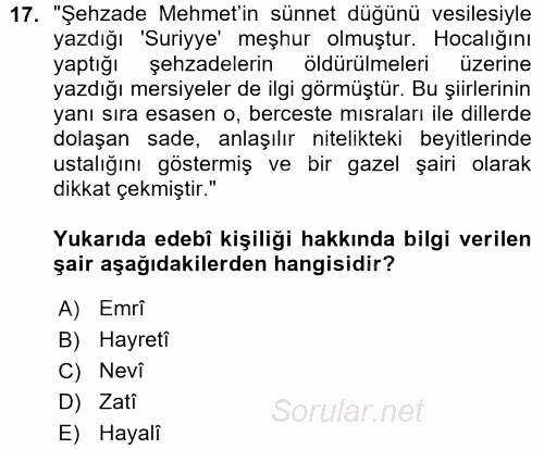 XVI. Yüzyıl Türk Edebiyatı 2015 - 2016 Ara Sınavı 17.Soru
