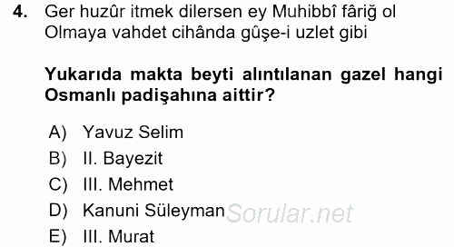 XVI. Yüzyıl Türk Edebiyatı 2015 - 2016 Ara Sınavı 4.Soru