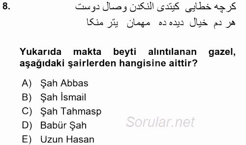 XVI. Yüzyıl Türk Edebiyatı 2015 - 2016 Ara Sınavı 8.Soru