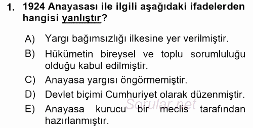 Türk Anayasa Hukuku 2015 - 2016 Dönem Sonu Sınavı 1.Soru