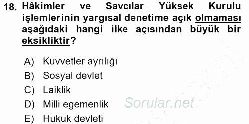 Türk Anayasa Hukuku 2015 - 2016 Dönem Sonu Sınavı 18.Soru