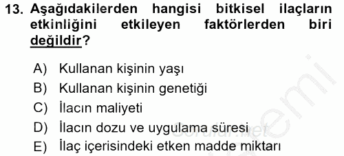Temel İlaç Bilgisi Ve Akılcı İlaç Kullanımı 2016 - 2017 3 Ders Sınavı 13.Soru