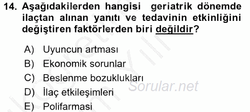 Temel İlaç Bilgisi Ve Akılcı İlaç Kullanımı 2016 - 2017 3 Ders Sınavı 14.Soru