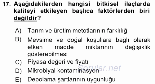 Temel İlaç Bilgisi Ve Akılcı İlaç Kullanımı 2016 - 2017 3 Ders Sınavı 17.Soru