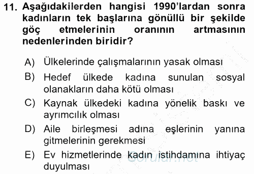 Toplumsal Cinsiyet Çalışmaları 2016 - 2017 Ara Sınavı 11.Soru