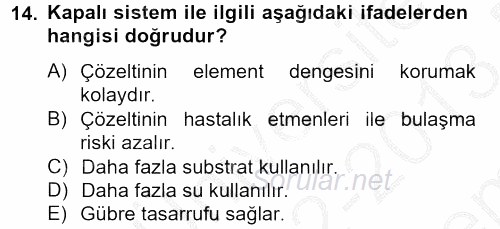 Örtü Altı Üretim Sistemleri 2012 - 2013 Dönem Sonu Sınavı 14.Soru