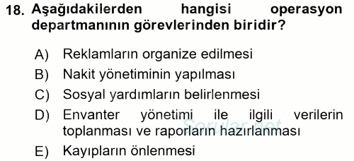 Perakende Yönetimi 2016 - 2017 Ara Sınavı 18.Soru