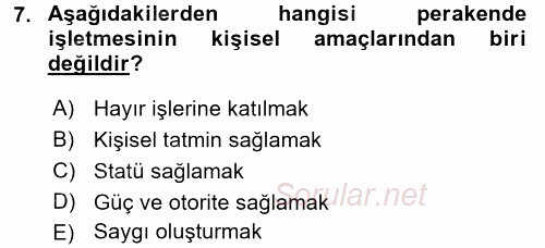 Perakende Yönetimi 2016 - 2017 Ara Sınavı 7.Soru