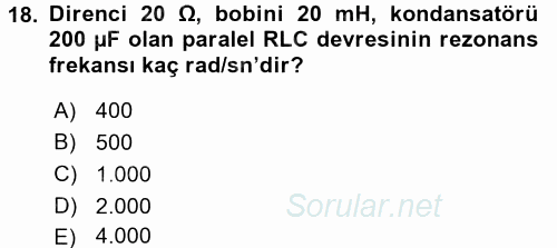 Devre Analizi 2017 - 2018 3 Ders Sınavı 18.Soru