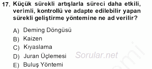 Konaklama Hizmetlerinde Kalite Yönetimi 2014 - 2015 Ara Sınavı 17.Soru