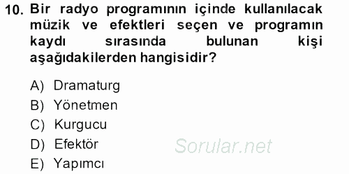 Radyo ve Televizyonda Program Yapımı 2013 - 2014 Ara Sınavı 10.Soru