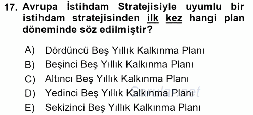 İstihdam ve İşsizlik 2017 - 2018 Dönem Sonu Sınavı 17.Soru