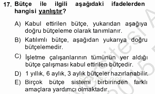 Maliyet Yönetimi 2014 - 2015 Ara Sınavı 17.Soru