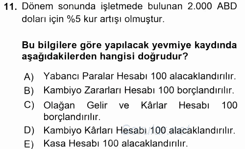 Envanter ve Bilanço 2017 - 2018 Ara Sınavı 11.Soru