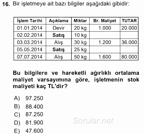 Envanter ve Bilanço 2017 - 2018 Ara Sınavı 16.Soru