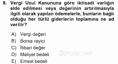 Envanter ve Bilanço 2017 - 2018 Ara Sınavı 8.Soru
