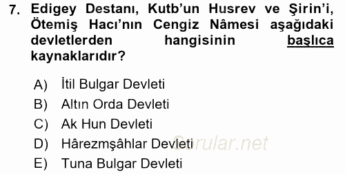 Orta Asya Türk Tarihi 2017 - 2018 Dönem Sonu Sınavı 7.Soru