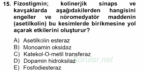 Temel Veteriner Farmakoloji ve Toksikoloji 2014 - 2015 Ara Sınavı 15.Soru