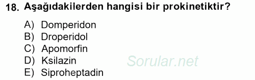 Temel Veteriner Farmakoloji ve Toksikoloji 2014 - 2015 Ara Sınavı 18.Soru