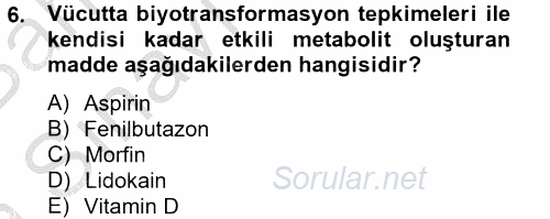 Temel Veteriner Farmakoloji ve Toksikoloji 2014 - 2015 Ara Sınavı 6.Soru