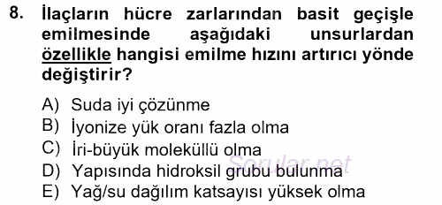 Temel Veteriner Farmakoloji ve Toksikoloji 2014 - 2015 Ara Sınavı 8.Soru