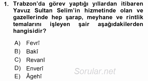 XVI. Yüzyıl Türk Edebiyatı 2017 - 2018 Ara Sınavı 1.Soru