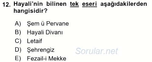 XVI. Yüzyıl Türk Edebiyatı 2017 - 2018 Ara Sınavı 12.Soru