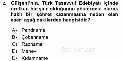 XVI. Yüzyıl Türk Edebiyatı 2017 - 2018 Ara Sınavı 4.Soru