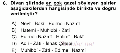 XVI. Yüzyıl Türk Edebiyatı 2017 - 2018 Ara Sınavı 6.Soru