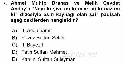 XVI. Yüzyıl Türk Edebiyatı 2017 - 2018 Ara Sınavı 7.Soru
