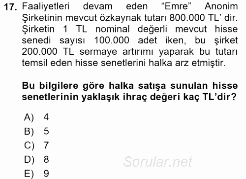 Genel Muhasebe 2 2015 - 2016 Ara Sınavı 17.Soru