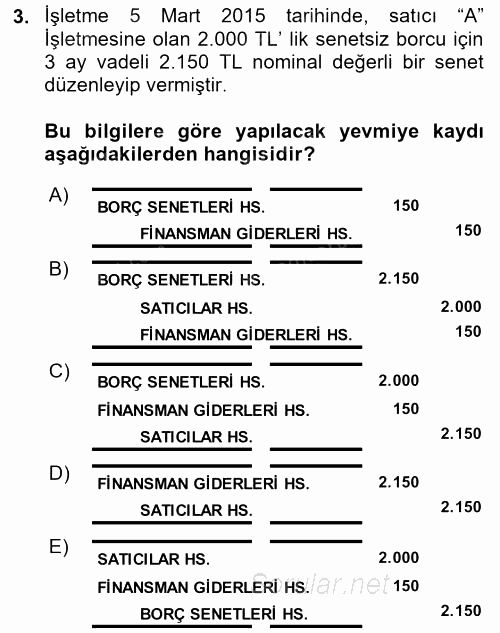 Genel Muhasebe 2 2015 - 2016 Ara Sınavı 3.Soru