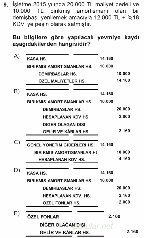Genel Muhasebe 2 2015 - 2016 Ara Sınavı 9.Soru
