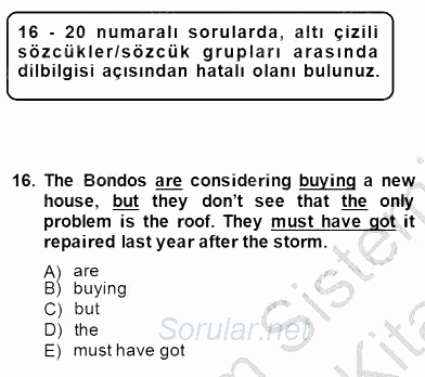 Pedagojik Gramer 1 2013 - 2014 Dönem Sonu Sınavı 16.Soru