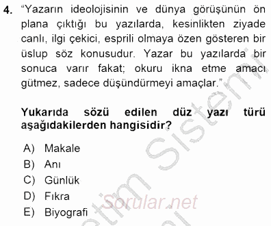 Cumhuriyet Dönemi Türk Nesri 2015 - 2016 Dönem Sonu Sınavı 4.Soru