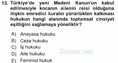 Toplumsal Cinsiyet Sosyolojisi 2017 - 2018 3 Ders Sınavı 13.Soru