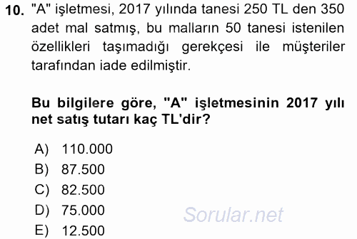 Genel Muhasebe 1 2017 - 2018 Dönem Sonu Sınavı 10.Soru