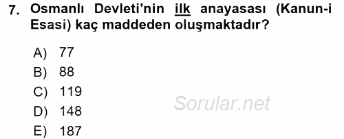 Osmanlı Devleti Yenileşme Hareketleri (1876-1918) 2017 - 2018 Ara Sınavı 7.Soru