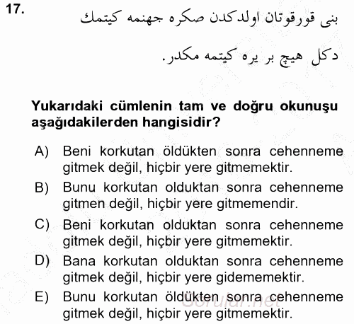 Osmanlı Türkçesine Giriş 2 2016 - 2017 Ara Sınavı 17.Soru