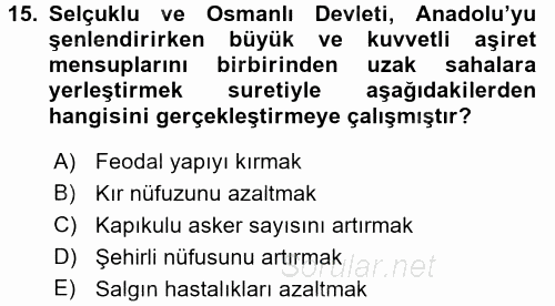 Osmanlı´da İskan ve Göç 2015 - 2016 Dönem Sonu Sınavı 15.Soru