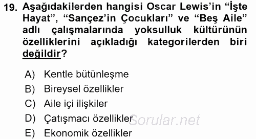 Kent Sosyolojisi 2017 - 2018 Ara Sınavı 19.Soru