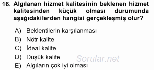 Konaklama Hizmetlerinde Kalite Yönetimi 2015 - 2016 Tek Ders Sınavı 16.Soru