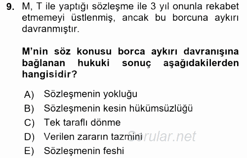 Borçlar Hukuku 2015 - 2016 Tek Ders Sınavı 9.Soru