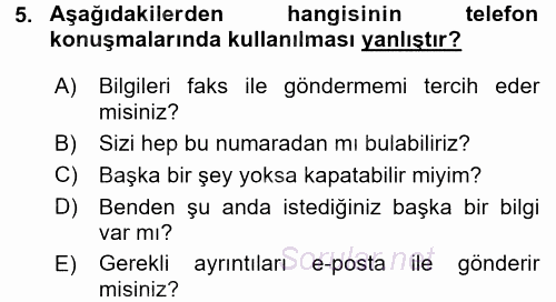 Yönetici Asistanlığı 2015 - 2016 Dönem Sonu Sınavı 5.Soru